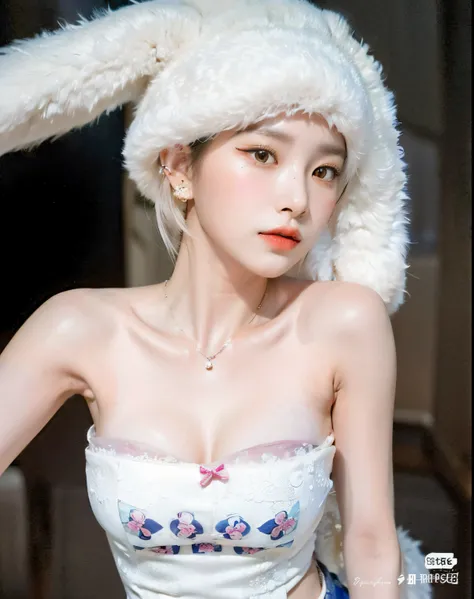 un primer plano de una mujer que llevaba un gorro de conejito y un top blanco, Cai Xukun, Sakimichan, Lalisa Manobal, ulzzang, Heonhwa Choe, con una gargantilla y un lindo sombrero, pale snow white skin, Tendencias en CGVeStation, Sun Yunjoo, Peinado blanc...