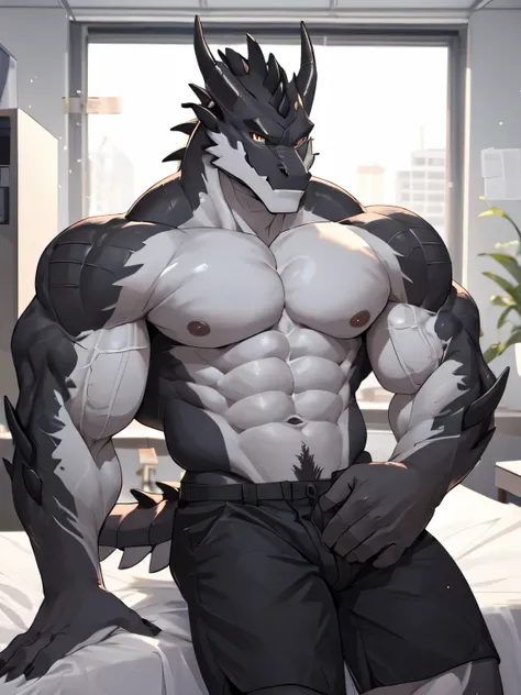 masterpiece, anthropomorphic black dragon, white belly,There is a pair of beautiful dragon horns., Black Dragon Scales,1 tail, very muscular body, nice, Shorts only, office worker　8 packs of firm abs　Amazing arm muscles　good looking　whole　face down on the ...