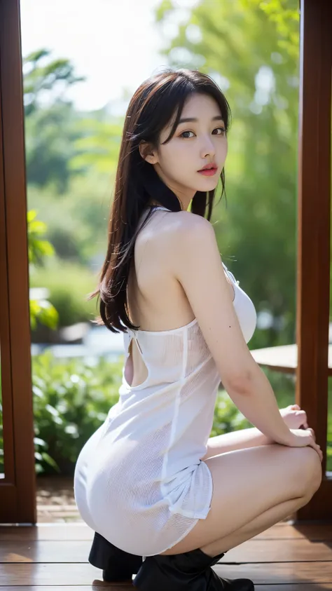 (((best quality, 8 thousand, masterpiece:1.4)), (20 year old woman), masterpiece, distinct, highres, high_quality, wide_shot, small_face, absurdly_short_hair, female, sagging_breasts, balancing, stretching, gentle_face, bare_shoulders, center_opening, down...