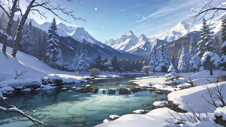 Beautiful landscape of a snow-capped mountain with spring scenery in the background, featuring two distinct scenes separated by a small river. Ultra-detailed, 8K resolution, masterpiece quality, vibrant colors, HDR lighting, atmospheric, clean lines, intri...