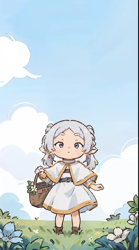 a girl, ((full body female)), Yaemiko, Freelan, (long gray hair), pointed ears, jewelry, earrings, white shawl, white dress, belt, (Lovely), ((最small, small)), piece, Play, Grass, flowers, Blue sky and white clouds