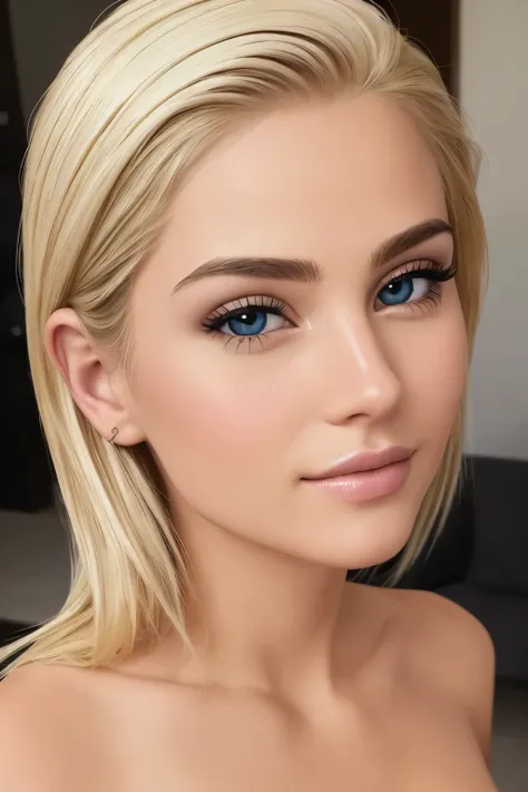 ((best quality)), ((ultra res)), ((photorealistic)), (intricate details), blonde hair, perfect face, make up:1.5, light on face, face detail, NAKED, short hair,