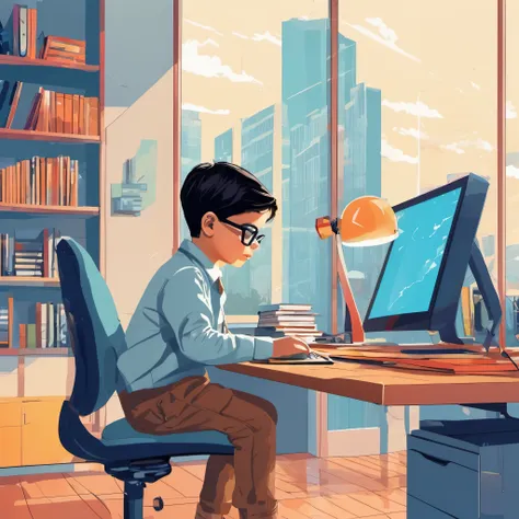 （（（Vector illustration））），Flat coating，（（Celluloid style）），（children illustration），side view，Programmer working in front of office，（（minimalist art）），8K，masterpiece，Rich details