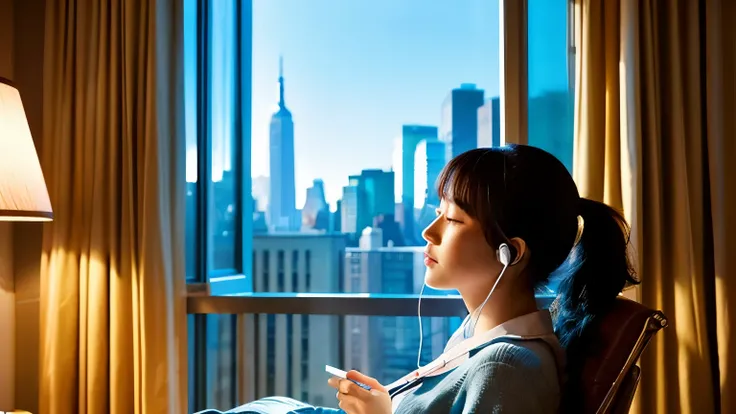 new york high rise apartment、A woman listening to music with earphones while looking at the scenery outside the window。anime