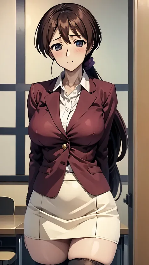 YamaHimeNoMi,in a burgundy office suit, skirt, white shirt, high quality,