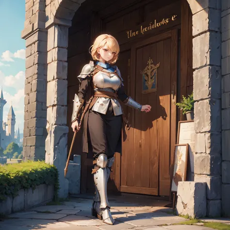 a woman in medieval armor from the 1200s, custom armor, outside a medieval castle, stone floor, short blonde hair, red eyes,very...