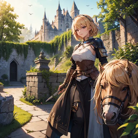 a woman in medieval armor from the 1200s, custom armor, outside a medieval castle, stone floor, short blonde hair, red eyes,very...