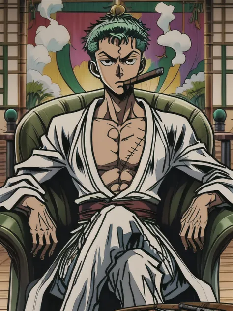 1boy,, masterpiece,best quality, roronoa zoro, muscular male, scar, scar across eye,japanese clothes, green kimono,smoking on lo...