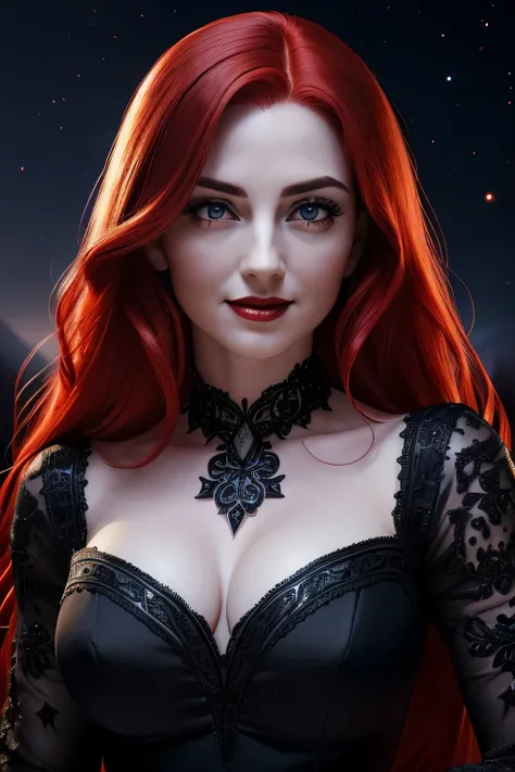 (portrait shot, ((vivid red hair)), mature woman, 30 years old, diamond face, moonlight, red starry sky background, depth of field, magic, big red lips, ((dark black eyes)) black and red long and full dress, covered chest, mystical atmosphere, ominous shad...