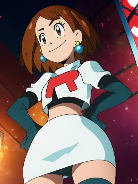 8k, masterpiece,highres, team rocket uniform, red letter r, white skirt,white crop top,black thigh-high boots, black elbow gloves, smiling, looking down at viewer, hands on hips, cowboy shot, zettai ryouiki,from below, black panties,anime style, vivid colo...