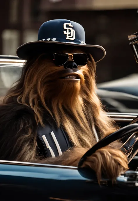 Chewbacca cruising in a lowrider car wearing a San Diego Padres hat dramatic lighting 