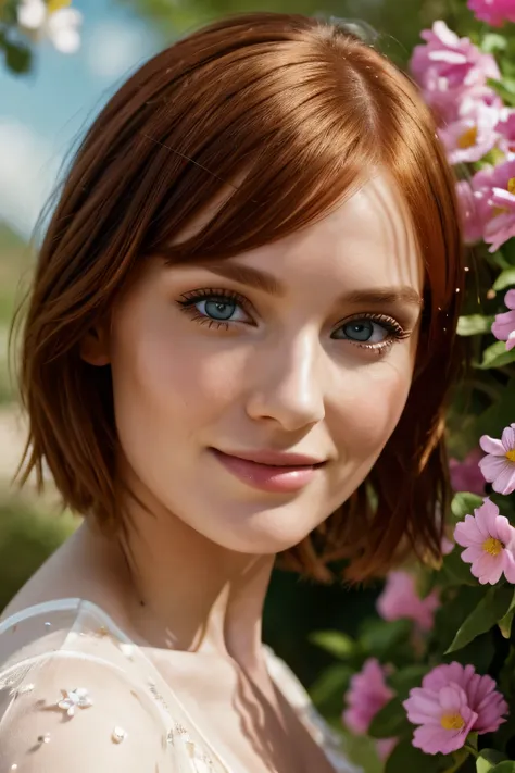 Masterpiece, european woman, (Bryce Dallas Howard: 0.5), 20 years, young, short hair, vivid orange hair, shy, cute, playful smile, high detail face, high detail skin, delicate colorful dress, (high detail eyes:1.3), (small breasts:1.2), (strong athletic bo...