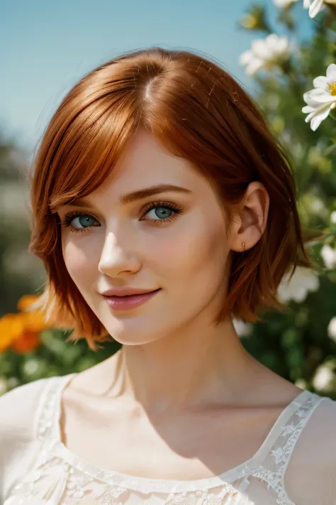 masterpiece, european woman, (bryce dallas howard: 0.5), 20 years, young, short hair, vivid orange hair, shy, cute, playful smil...