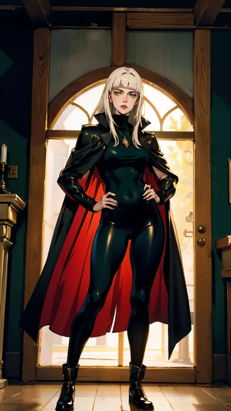 A woman with long platinum blonde hair, choppy bangs, arched crescent eyebrows, sharp and determined eyes, a delicate oval face, a serious expression, a fantasy-style dark green military coat, draped with a dark red cloak, military trousers, leather combat...