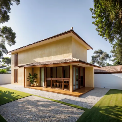 1 indochina style house ,beautyful light, beautyfulday, sunny, many lovely flowering plants, lovely youthful feeling :1.2, sunlight at 12 noon, Very beautiful shadows, a feeling of peace:1.3