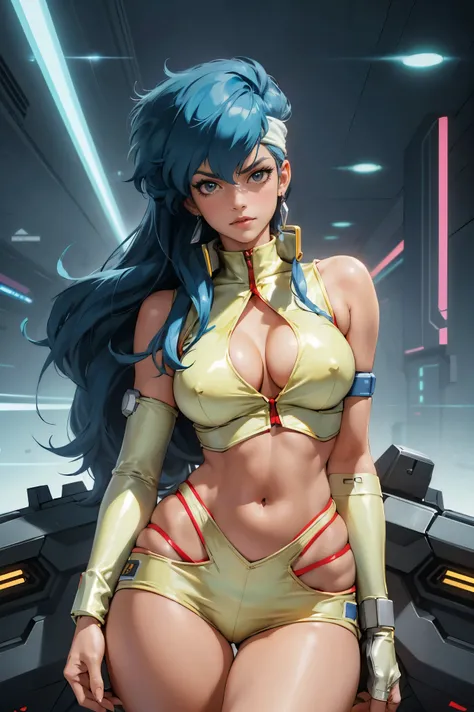 Yuri from The Dirty Pair, , wearing a tight outfit, light sage uniform, light blue uniform, skimpy, medium breast, (long hair), dark blue hair, long smooth hair,  beauty, cyberpunk city background, holding retro space-gun, cleavage, slim waist, slim thighs...