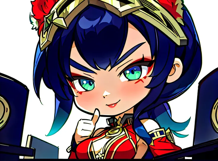 an ultra hd twitch emote badge of the captivating character from League of Legends Nidalee, upper body, singling a thumbs up, her bangs are right above her eyebrows, expressing a confident smirk, her red outfit reveals half of her chest and her shoulders h...