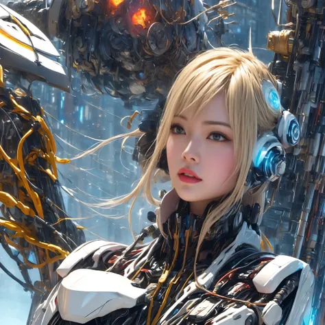 (one young beautiful japanese woman、Several robots destroying the city)、SF、A woman with telekinetic powers、The space around the woman's body appears distorted.、destroyed metropolis、Challenge the invaders、urban decline、blazing flame、Collapsing high rise...
