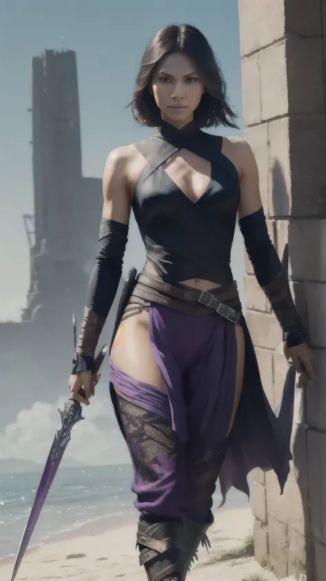 ((Elodie Yung)) as Tasia from Mortal Kombat, holding two blades, very short black hair, form-fitting dark-purple top with black net, purple pants, black gauntlets, boots on high heels, straps, buckles, make-up, seductive, sexy, hot, sultry, shapely, 1woman...