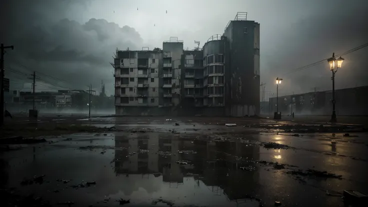 abandoned_condominium,dark_night,rainy_weather,desolate_scene,cracked_walls,dilapidated_building,dripping_water,strewn_trash,overgrown_vegetation,broken_windows,hazy_streetlights,lonely_figure,reflecting_puddles,intricate_details,moody_atmosphere,hauntingl...