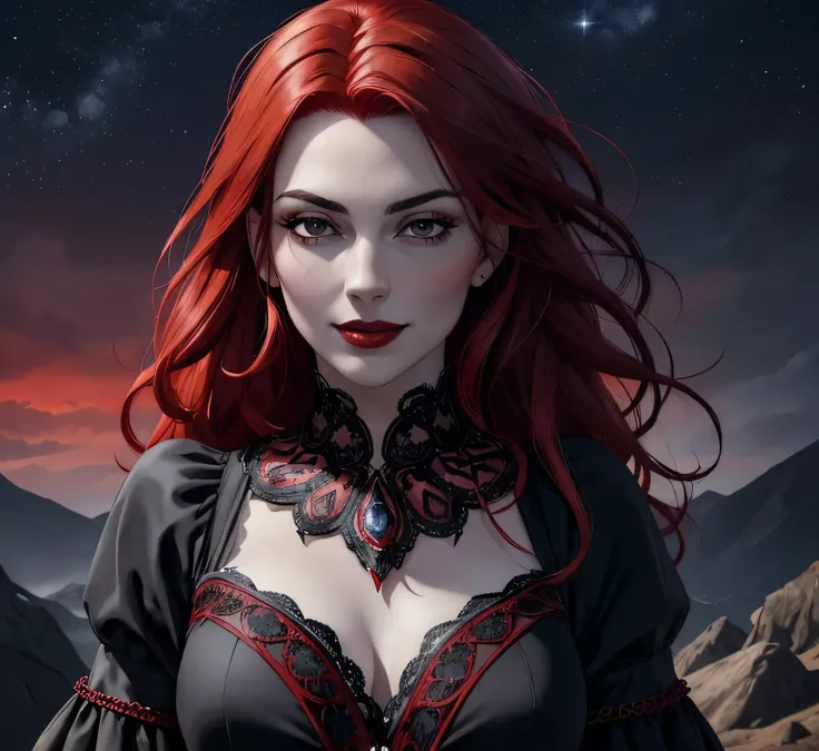 (portrait shot, ((vivid red hair)), mature woman, 30 years old, diamond face, moonlight, red starry sky background, depth of field, magic, big red lips, ((dark black eyes)) black and red long and full dress, covered chest, mystical atmosphere, ominous shad...