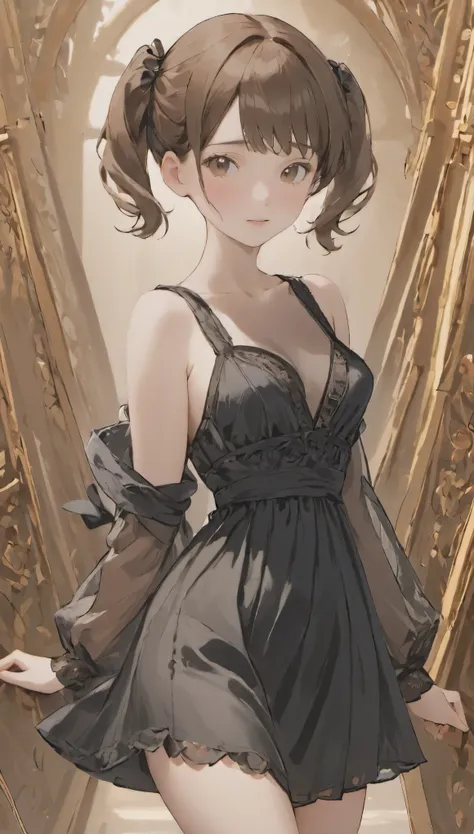 masterpiece, highest quality, movie stills, 1 girl,looking at the viewer、nude、protruding chest、Asserting breasts、An ennui look、 well-shaped chest, mesh brown hair、twin tails:1.3、short hairのtwin tails:1.1、short hair、nude、Stylish black dress:1.3,(intricate a...