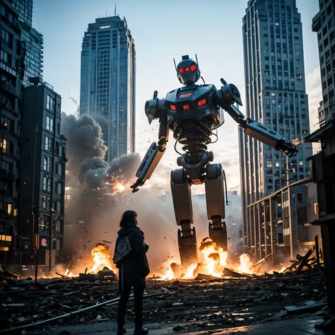 (one young beautiful japanese woman、Several robots destroying the city)、SF、A woman with telekinetic powers、The space around the woman's body appears distorted.、destroyed metropolis、Challenge the invaders、urban decline、blazing flame、Collapsing high rise...