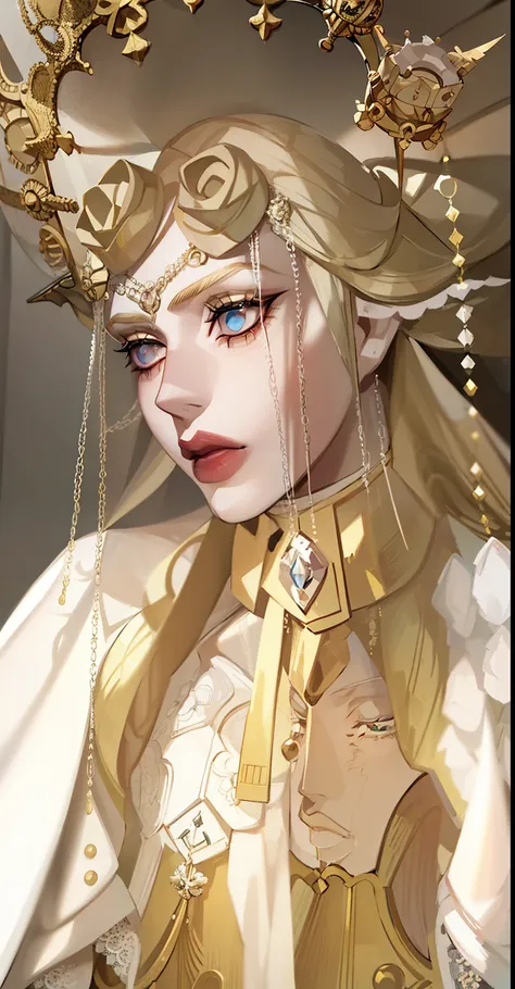 a close up of a female giorno giovanna from jojos bizzare adventure with a crown on her head, porcelain pale skin, pale porcelai...