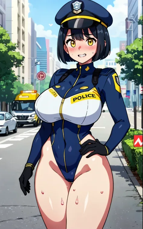 realistic, masterpiece, highest quality, perfect anatomy, (fine eyes), female police officer, huge breasts, Sweat, outdoor, ((navy blue sci-fi suit)), yellow eyes、bob cut、police hat、black hair ,  ((blush))、(wide hips), showing teeth,smile、 closed one eye、r...