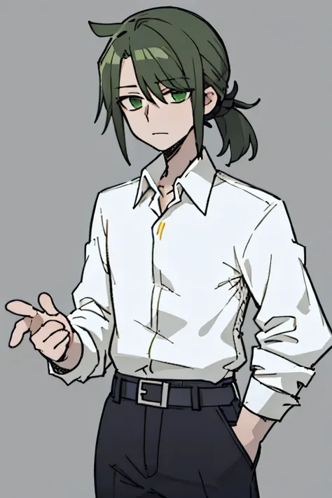 pale face, expressionless, stand, 1boy, low ponytail, black suit, shirt, black pants, pants, green hair, suit, black tie, simple background, ponytail, centre-parted bangs, short hair, long sleeves, collared shirt, green eyes, closed mouth, bangs, tough