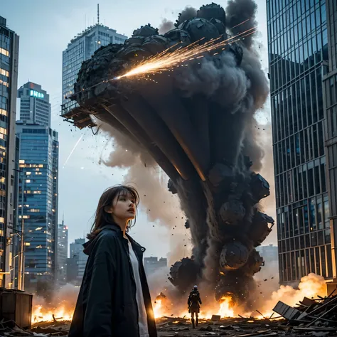 （one young beautiful japanese woman、Several robots destroying the city）、SF、A woman with telekinetic powers、The space around the woman&#39;s body appears distorted.、destroyed metropolis、Challenge the invaders、urban decline、blazing flame、Collapsing high rise...