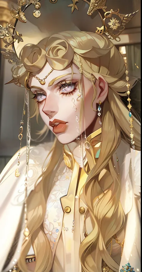 a close up of a female giorno giovanna from jojos bizzare adventure with a halo/angelic crown on her head, porcelain pale skin, ...