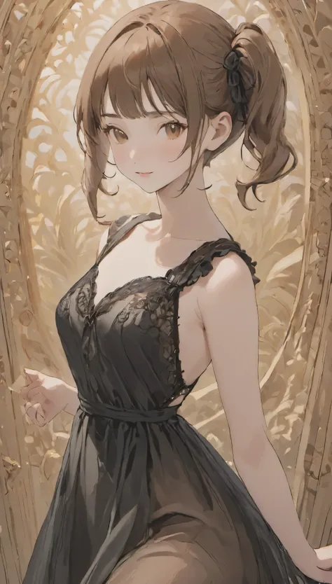 masterpiece, highest quality, movie stills, 1 girl,looking at the viewer、nude、protruding chest、Asserting breasts、An ennui look、 well-shaped chest, mesh brown hair、twin tails:1.3、short hairのtwin tails:1.1、short hair、nude、Stylish black dress:1.3,(intricate a...