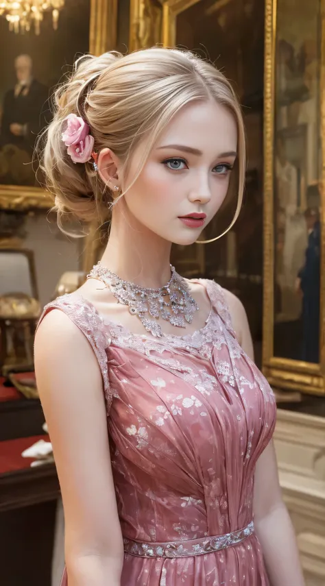 Woman, serious, elegant, pink dress, aristocratic, silver elements, long nails, bare shoulders, hairstyle, hair up, braid and ponytail, messy, arrogant, absurdes, detailed dress, royalty, celebration, hall decorated with flowers, cowboy shot, portrait, (be...