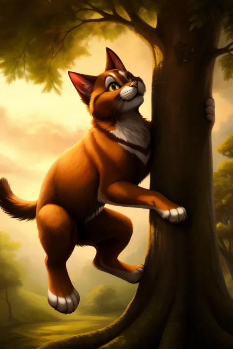 Ultra detailed, a dynamic and captivating full-size painting of a playful anthro dog with a determined expression, chasing after a mischievous anthro cat climbing up a tree. The trees trunk is heavily textured with bark, revealing the rings of its age. The...