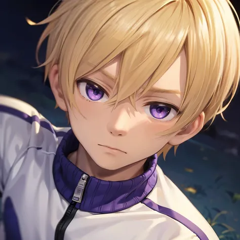 Blonde hair, short hair, male, boy, guy, tracksuit, shoes, night, mixed skin, light skin, closeup, portrait, purple eyes, expressionless, emotionless, short