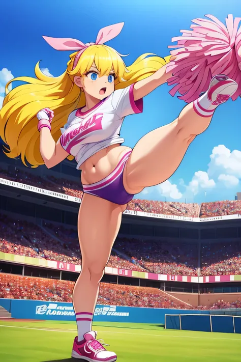 APower girl, street cheerleader, big chest, long hair, tail, yellow hair, you are wearing a pink ribbon, hair, blue eyes, she is wearing a full women&#39;s swimsuit, she is wearing a cheerleading shirt and underneath her feet, she is wearing purple tennis ...