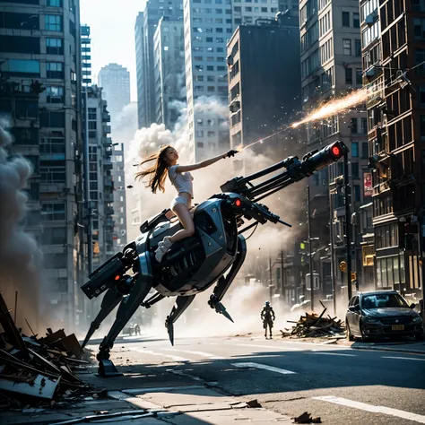 （one young beautiful japanese woman、Several robots destroying the city）、SF、A woman with telekinetic powers、The space around the woman&#39;s body appears distorted.、destroyed metropolis、Challenge the invaders、urban decline、blazing flame、Collapsing high rise...