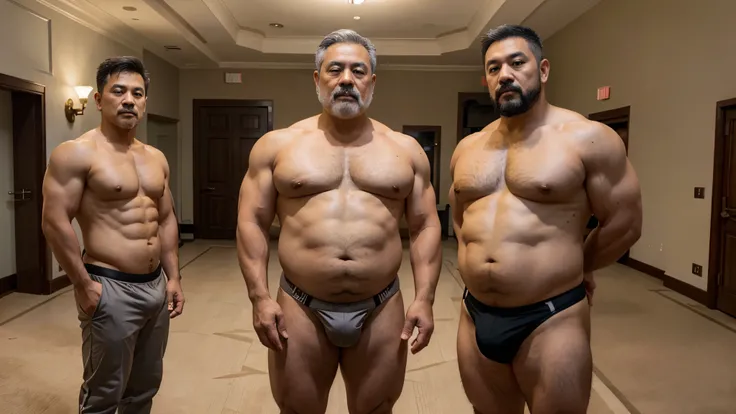 2 vietnamese grandfathers with gray hair, mature face, a thick mustache, a short chin beard, bear body, wearing a massive bulging gray jockstraps standing at the president room, have belly, big muscular chest, a sexy pose.
