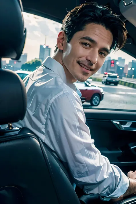 (RAW photo:1.2), (Photorealistic:1.1), best quality, masterpiece, high details, a high resolution, back view, view from back seat, taxi interior, (middle-age man driver:1.1), formal clothing, sitting behind wheel, (looking back to view:1.7), smile, vibrant...