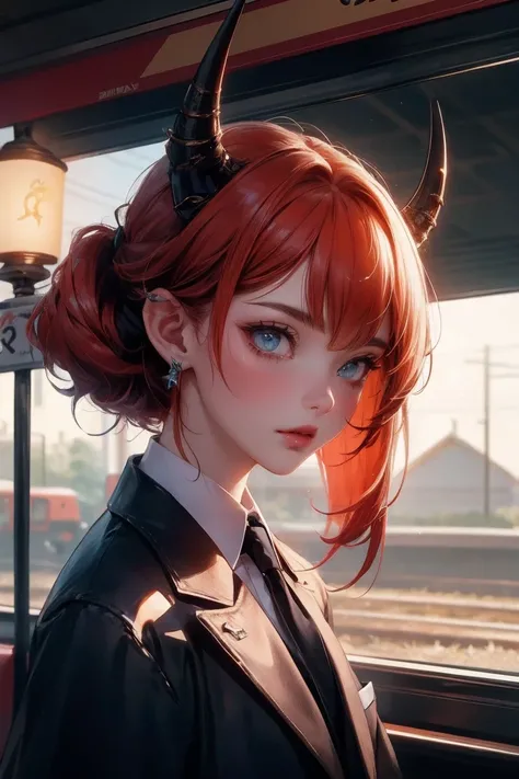 (best quality),(masterpiece), (extremely detailed 8K wallpaper),ultra-detailed,cinematic lighting, detailed light, best shadow, dyanamic angle, from down, train station, train, signal light, 1boy, leonard dung, red hair, aqua eyes, earring, single horn, st...