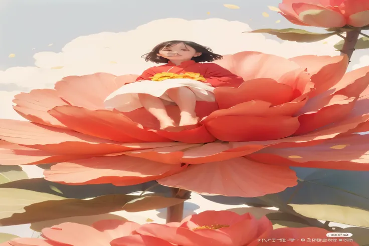 There is a girl sitting on a huge flower in the sky,7-year old , red top，white skirt，Artie Guérin 8 K, Atey Ghailan style, movie style