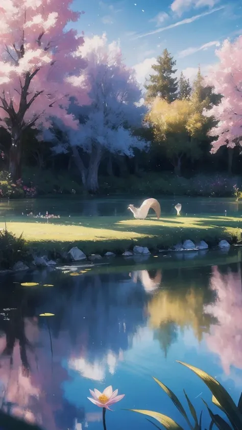 masterpiece, best quality, extremely detailed CG unity 8k wallpaper, a magical pond in the evening, finely detailed, cinematic lighting, highres, flowers bloom，（（（Spring morning）））
.super wide angle（（（masterpiece）））, （（best quality））,（（Intricate details））,...