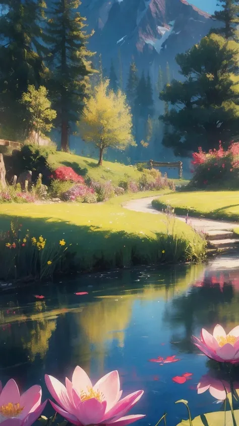 masterpiece, best quality, extremely detailed CG unity 8k wallpaper, a magical pond in the evening, finely detailed, cinematic lighting, highres, flowers bloom，（（（Spring morning）））
.super wide angle（（（masterpiece）））, （（best quality））,（（Intricate details））,...