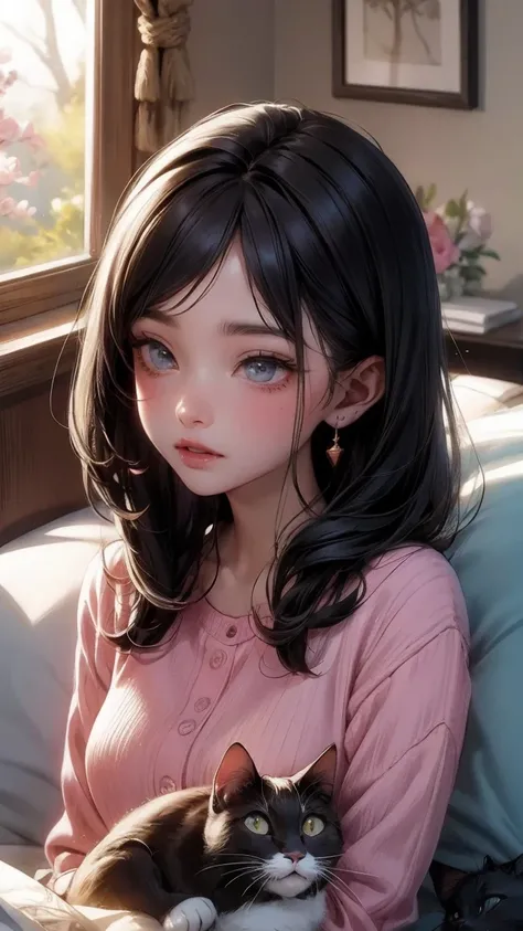 (Best Quality,4K,8K,HD,Masterpiece:1.2),Super Detailed,Realistic:1.37,Illustration,Studio Ghibli Inspired,Bed Scene,(Girl,Black Hair,Lazily Nuzzling Cat Sleeping in the Morning),Laziness,Adorable,Detailed Eyes,Detailed Lips,Reluctant,Wanting to Sleep,Two L...