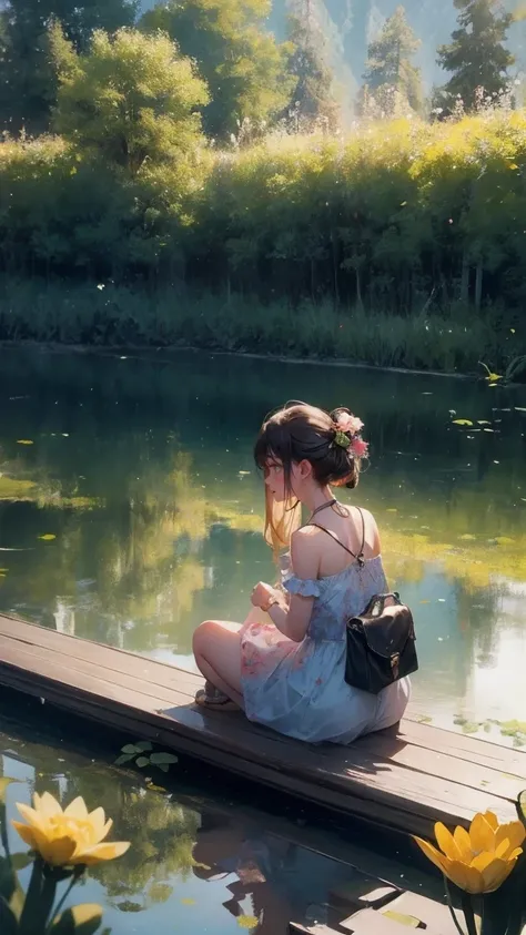 masterpiece, best quality, extremely detailed CG unity 8k wallpaper, a magical pond in the evening, finely detailed, cinematic lighting, highres, flowers bloom，（（（Spring morning）））
.super wide angle（（（masterpiece）））, （（best quality））,（（Intricate details））,...