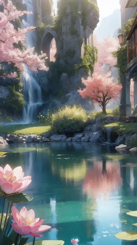 masterpiece, best quality, extremely detailed CG unity 8k wallpaper, a magical pond in the evening, finely detailed, cinematic lighting, highres, flowers bloom，（（（Spring morning）））
.super wide angle（（（masterpiece）））, （（best quality））,（（Intricate details））,...