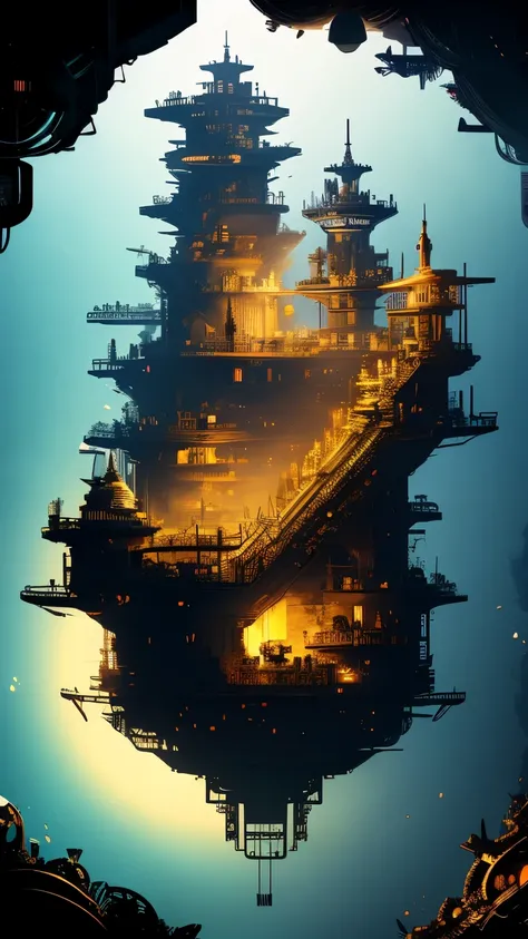 best quality, super fine, 16k, incredibly absurdres, extremely detailed, cross section of the Mariana Trench, atlantis, huge amount of gear, sunlight shining through the deep, pitch black ocean, fantastic and mysterious, steampunk, dieselpunk, clockpunk, b...