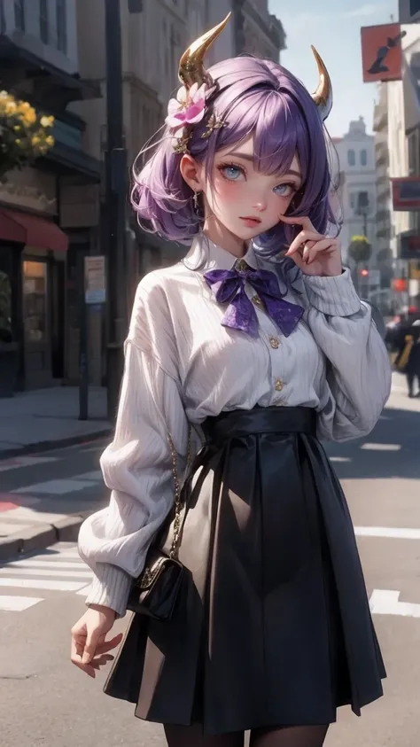 Cute Girl, cowboy shot,masterpiece, best quality, highres, hmsl1, horned headwear, hair flower, x hair ornament, white sweater, purple jacket, flower, long sleeves, open clothes, black bow, sleeves past wrists, skirt, cowboy shot, outdoors, street, standin...