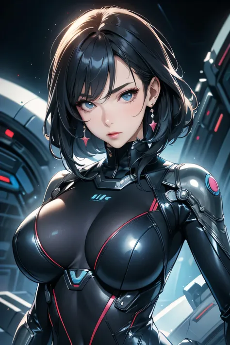 Milf, woman in a futuristic suit, highly detailed face, cool, mom, tomboy, very large breast, (Milf), mature face, (mature female), cybersuit, anime girl wearing tight suit, milfication, Elegant body, navel focus, naked body, gloves, earrings, science fict...